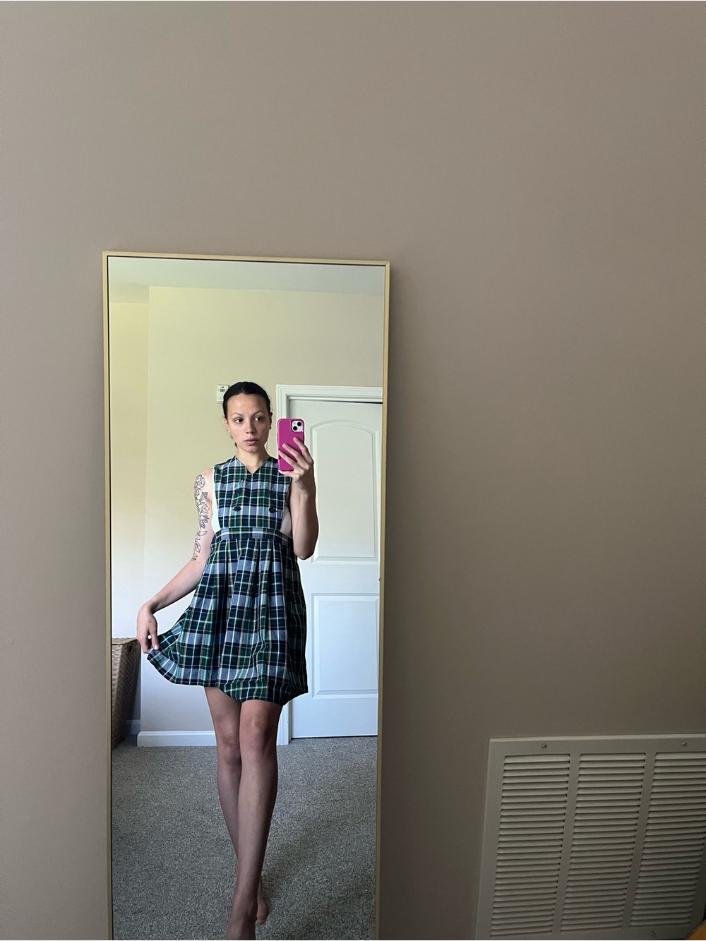 Shaheen’s Classic Plaid School Uniform Flare Jumper Overall Dress